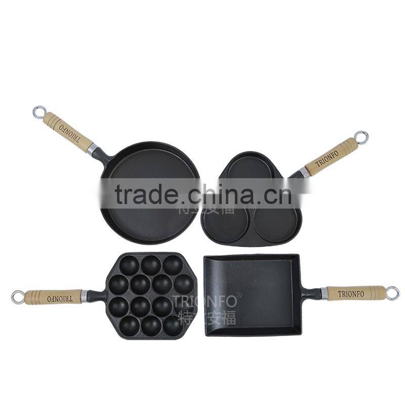 TRIONFO mini cast iron divided frying pan with wooden handle set