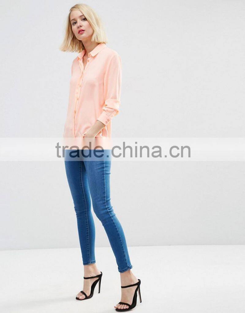 Pink colour chiffon blouse designs long sleeve lady blouse & tops for women