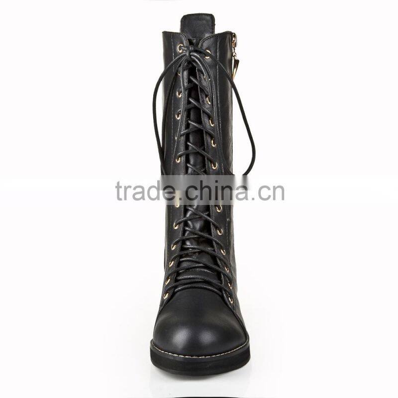 Fashion Ladies Black Real Leather Flat Heel Tie Up Half Boot