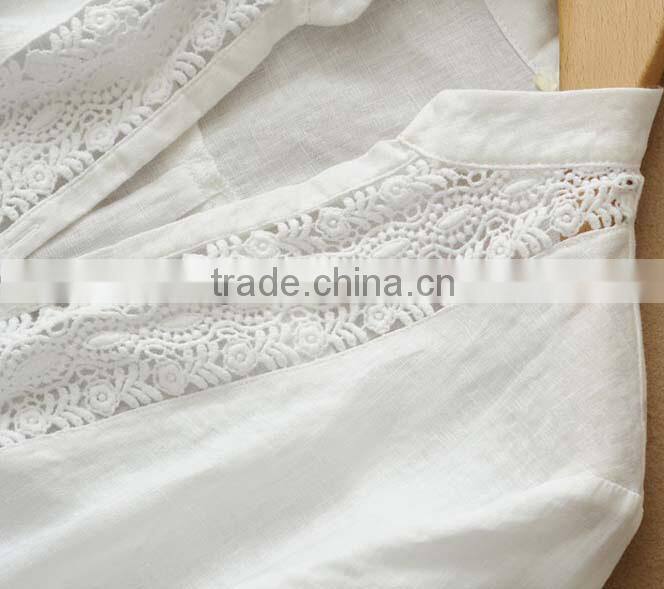 ladies' soft linen shirt plain dye fabric blouse long sleeve lace ornament top
