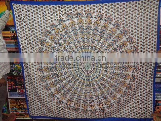WHITE PRINTED BARMERI PEOCOCK MANDALA PRINTED TAPESTRY