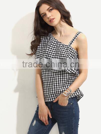 Blouses latest fashion design women clothing Black and White Gingham Ruffle One Sleeve Blouse