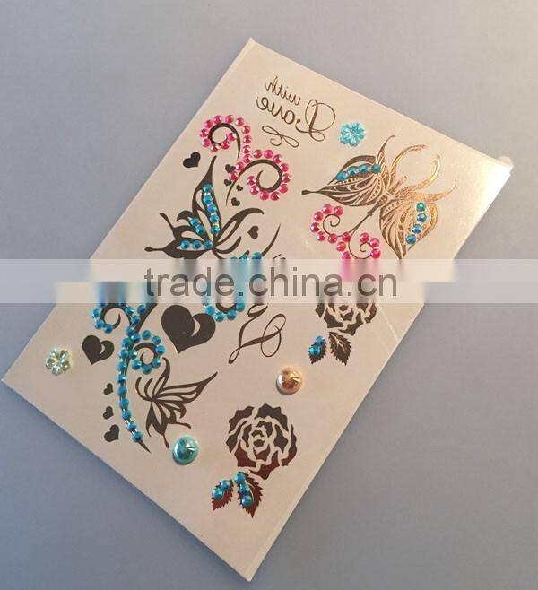 custom new fashion rhinestone metallic tattoo crystal gold foil tattoo stickers