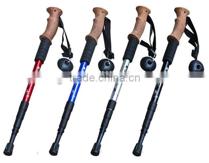 3 section aluminum telescopic cork wood rubber adjustable trekking pole nordic wooden walking stick
