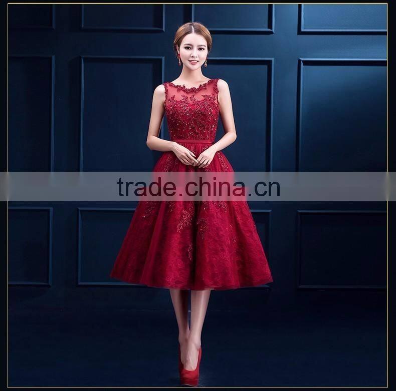 Top quality Last designs Round-neck Sleeveless knee-length lace wedding dress