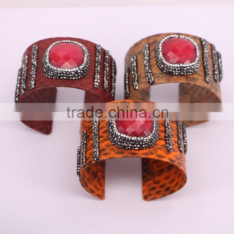 Natural Labradorite Amazon Turquoise Amethyst Gem Stone Bangle, Snakeskin Wrap Pave Crystal Leather 40mm Cuff Bangles