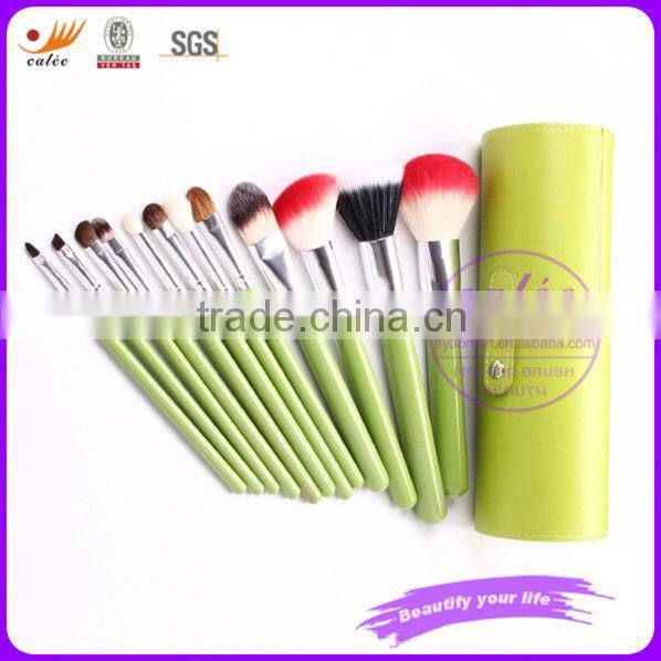 Beauty green color 12pcs cosmetic makeup brush set with cylinder