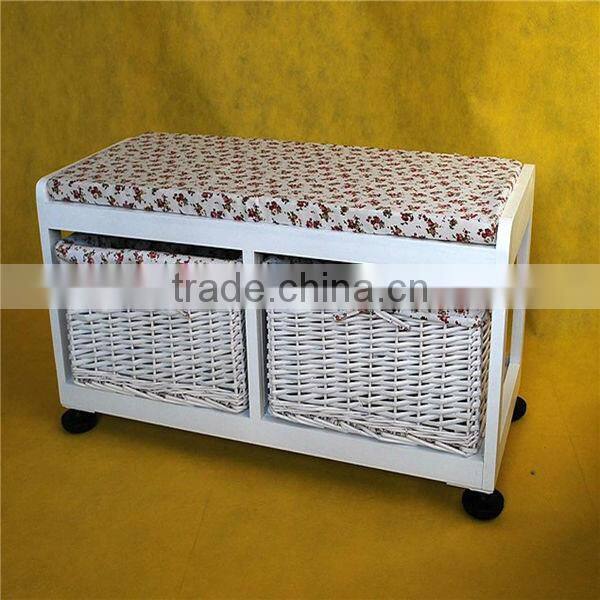 English bulk wooden storage cabinet with wicker baskets with handle