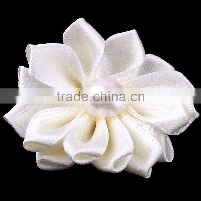 satin ribbon flower with pearl bead center for kids hair accessories