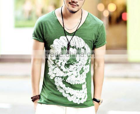 2016 Men Deep V Neck Summer Cotton Skull Print Slim T Shirt