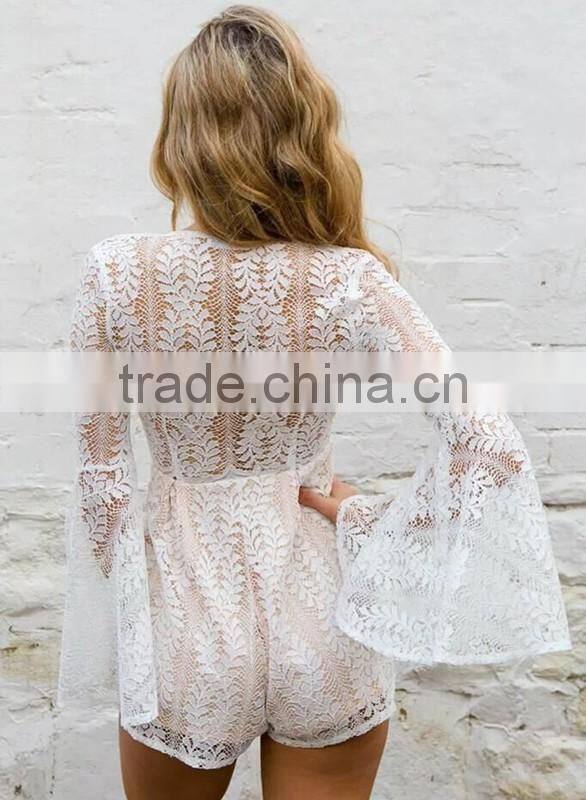 Ladies fashion white lace v neck long flare sleeve adult romper