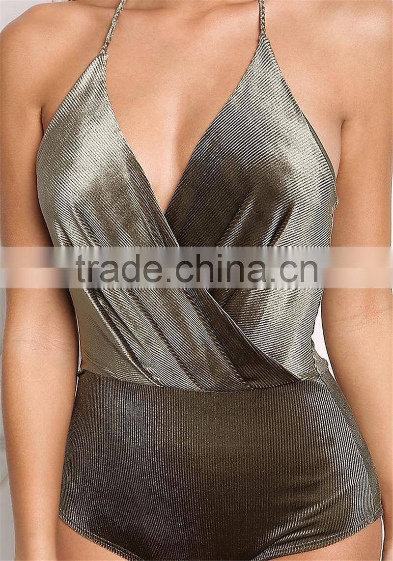 MGOO Fashion apparel Factory Custom Surplice Velvet Bodysuits Olive Corduroy Women Blouses Backless Lacing Up