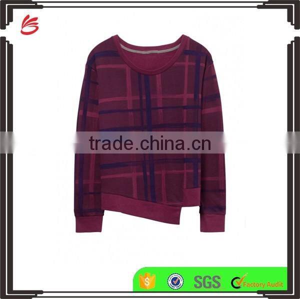 Newly Designed Purple Plead Eco-Micro Fleece Crew Sweatshirt with Irregular Hem for Women