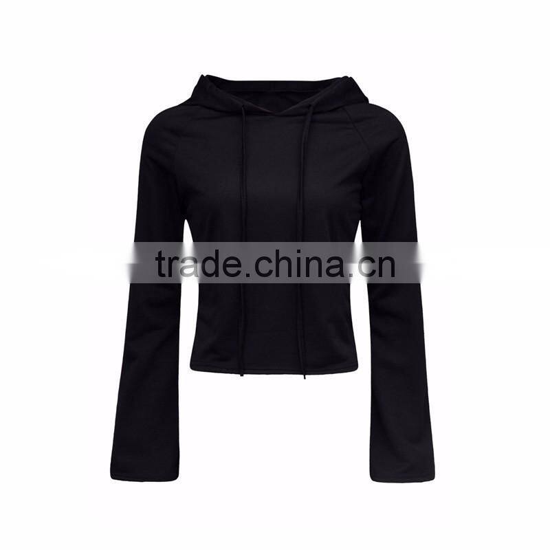 Ladies Blank Design Black Flare Sleeve Cropped Hoodie Wholesale