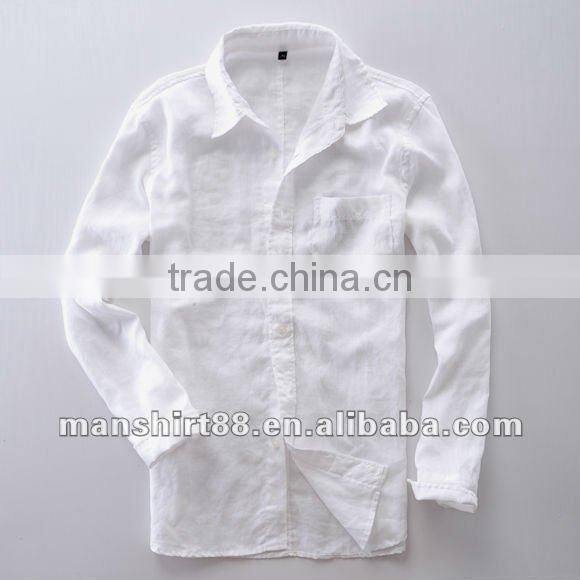 New popular style 100%Linen White shirt for men with long sleeve regular collar or banded collar