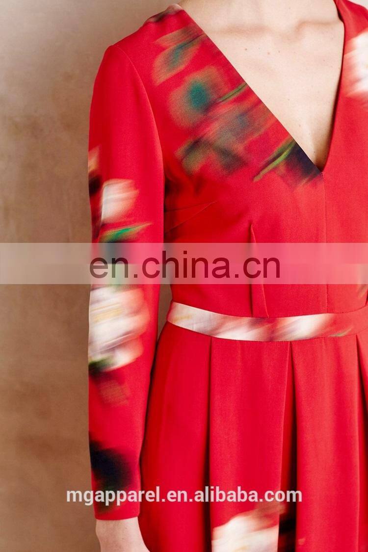 china supplier fashion women long sleeves fitted sexy v neck red fit and flare floral print dress