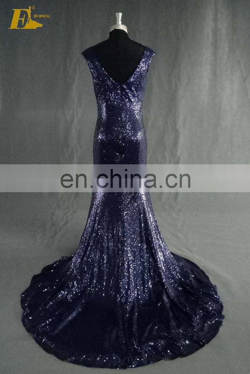 Navy Blue Sequin Fabric Mermaid Cap Sleeve Evening Dresses Long