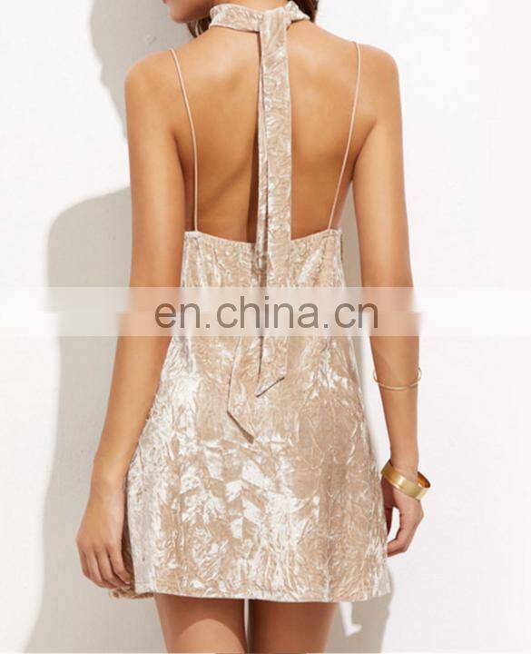 2017 NEWEST V Neck Beige Sleeveless Cocktail Party Velvet Lace Up Cami Dress