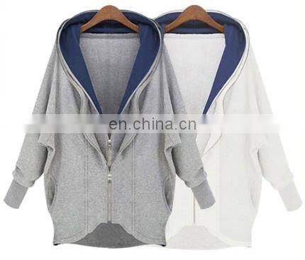 Factory OEM Apparel Women Sweatshirts Wholesale Organic Cotton Hoodie Bat Wing Sleeve 2-Layer Collar Zipper Sweatshirt