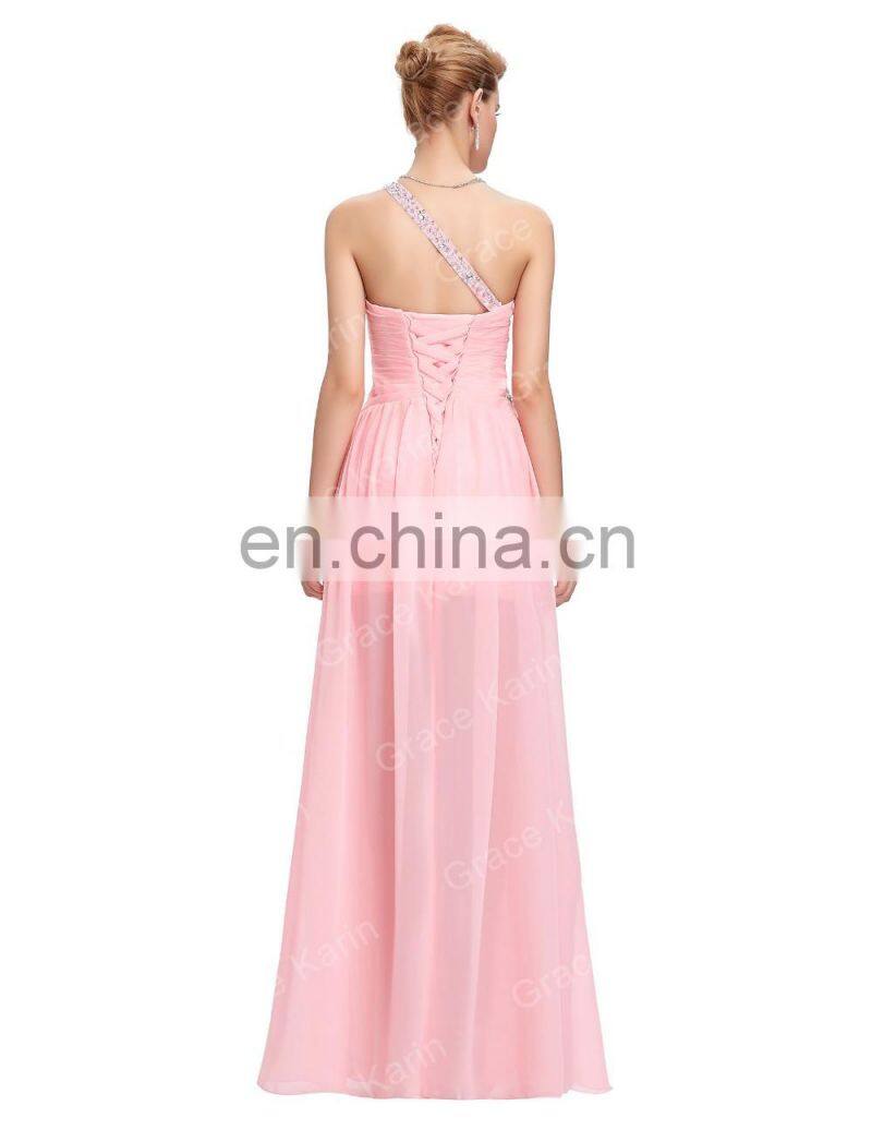 Grace Karin Short Front Long Back Chiffon One Shoulder Pink Prom Dress CL3828