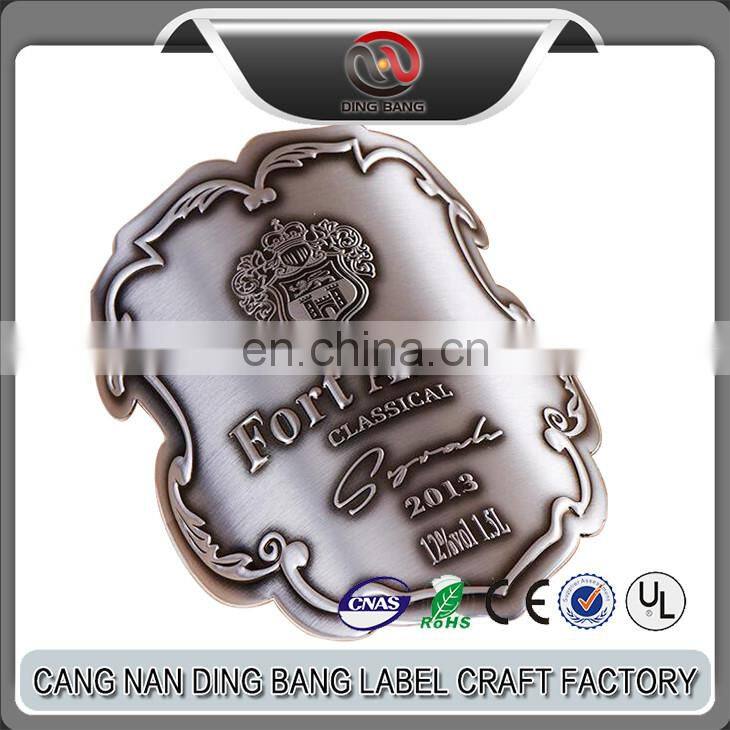 OEM Top Qulaity Colloidality Type Custom Made Embossed Brand Logo High Brushed Antique Bronze Metallic Bended Wine Label