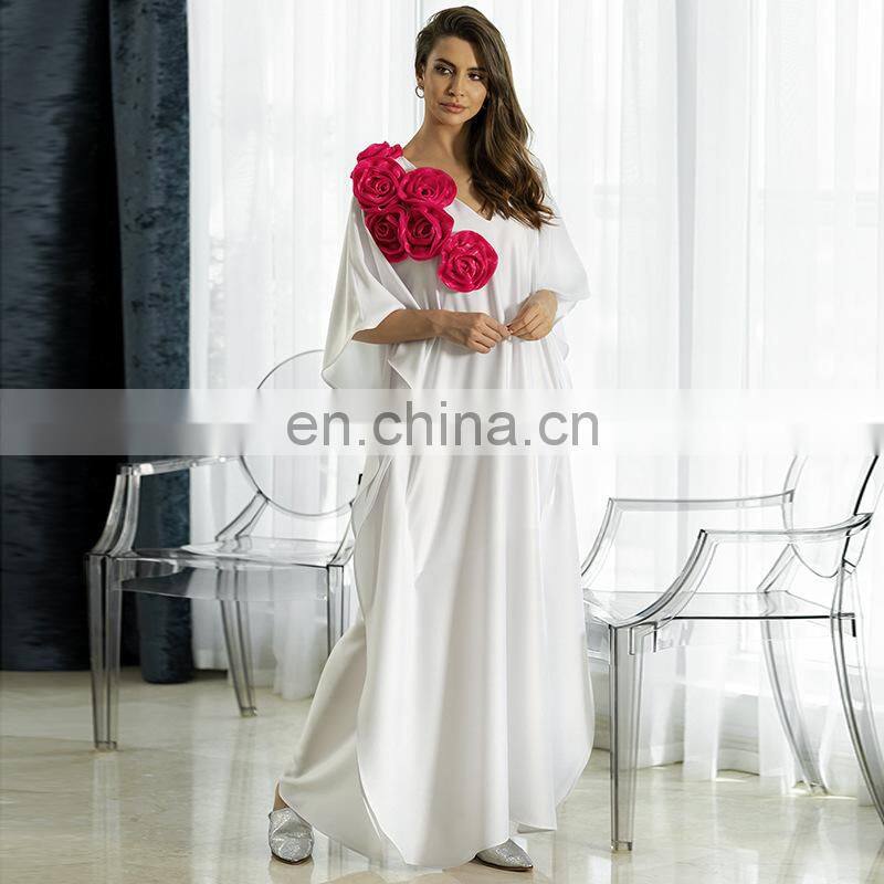 2019 Elegant Red Rose Appliques V-Neck Bats Sleeve Summer Beach Dress White Cotton Tunic Women Casual Long Robe Maxi Dress