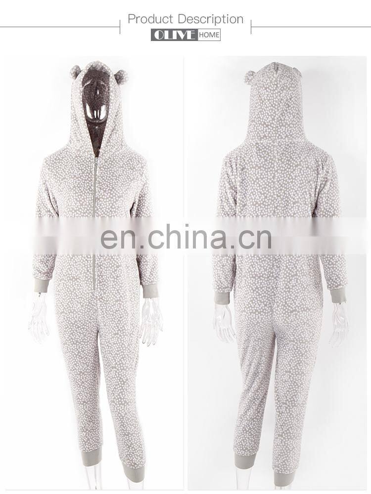 Western Super Soft Jumpsuit Hoodie Dots Printed Coral Fleece Overall Pyjamas With Hood