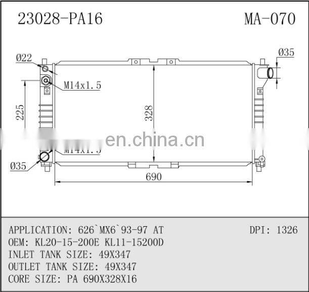 aluminum auto radiator for MAZDA 626/MX6,OEM:KL20-15-200E