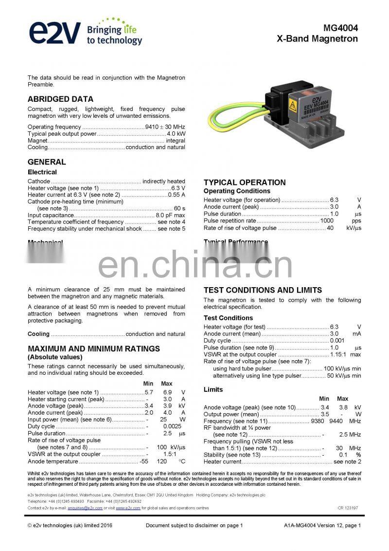 Marine electronics maritime navigation communication Furuno marine radar spare parts UK MG4004 E2V X band magnetron
