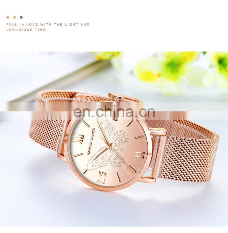 Hannah Martin 13620 Women Watch Luxury 3D Butterfly Rose Gold Mesh Strap Japanese Movement Waterproof Quartz Women Wristwatch