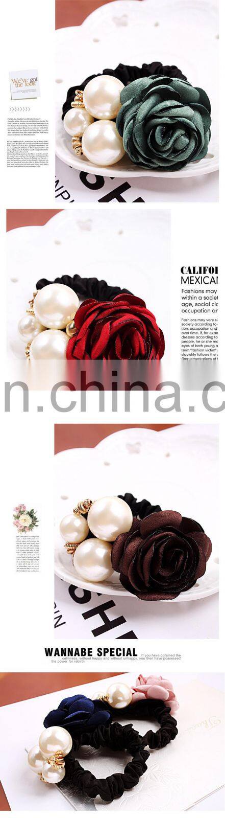 Women Fashion Style Big Rose Flower Pearl Rhinestone Hair Bands Elastic Hair Rope Ring Hair Accessories