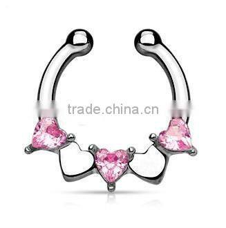 Sweet heart CZ crystal 316L surgical steel fake septum clicker nose piercing Body Jewelry