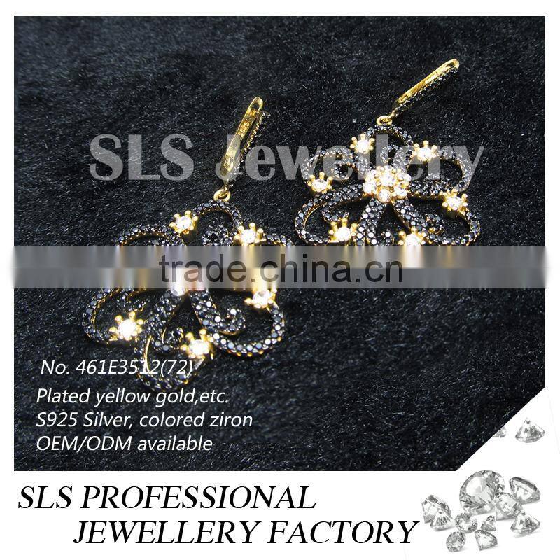 SLS women african inspired jewelry drop earrings silver fashion jewelry jhumka earrings with black CZ jewelry wholesale china
