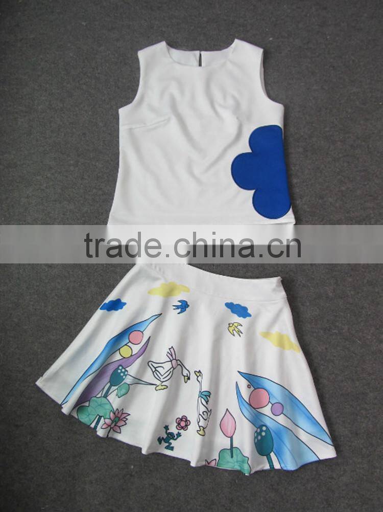 2014 Famous brand early autumn fashion style sleeveless swan printed women 2 pieces dress suits wholesale I17063