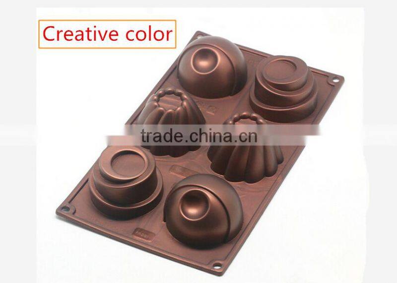 2016 Hot sale food grade FDA and LFGB 6 hole new creative metal colorful silicone cake mold