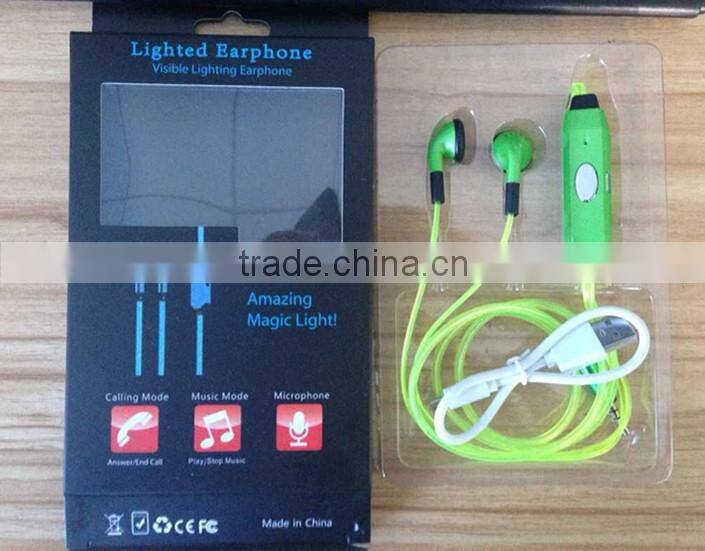 whosale EL wire earphones for smartphones pink yellow ice blue in-ear style earphone luminescent rhythm with beat of music