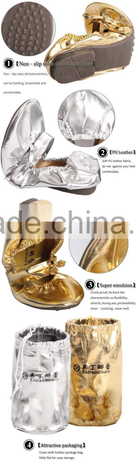 Wholesale Belly Dance Shoes Training Silver/Gold Flats Soft Leather Pointe Gymnastics Foldable Ballet Flat
