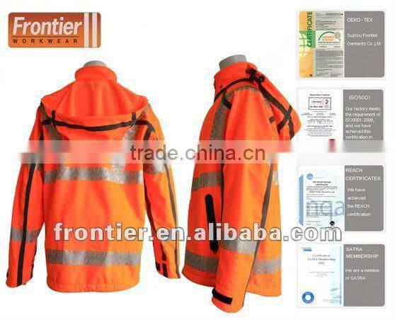 Frontier workwear jacket/ soft shell with breathable PU membrane/ 3M reflective tape passed EN 471/ Hi- Vis soft shell jacket