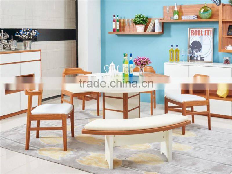 Modern wooden high glossy white and teak color round functional dining table and dining chair in dining room sets