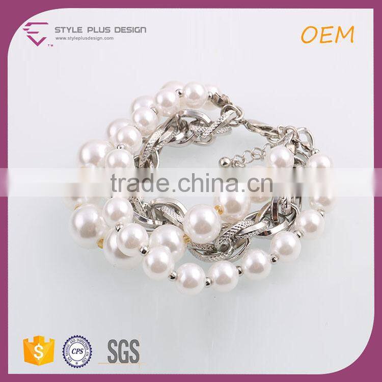 G66596K02 STYLE PLUS silver plate pearl design bracelet thick alloy chain imitation pearl bracelet for young girls