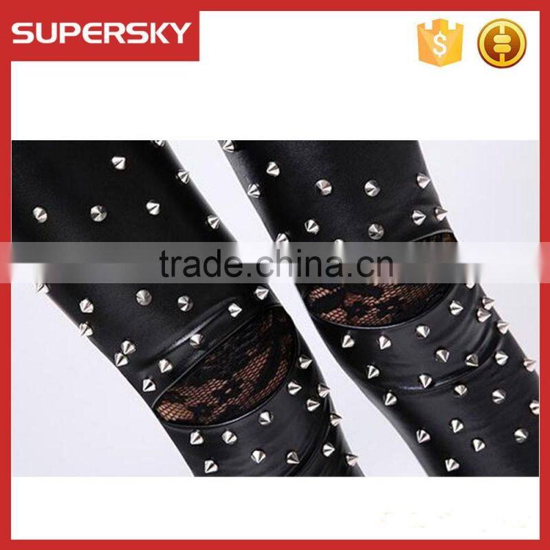 B427 Popular High waist pants hole knee lace rivet pu imitation leather leggings wholesale