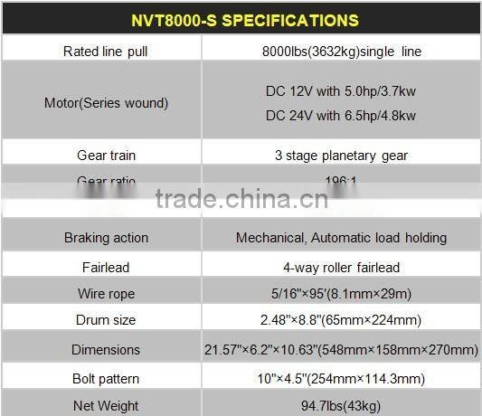 2014 new product industrial logging winches NVT8000S 12/24V