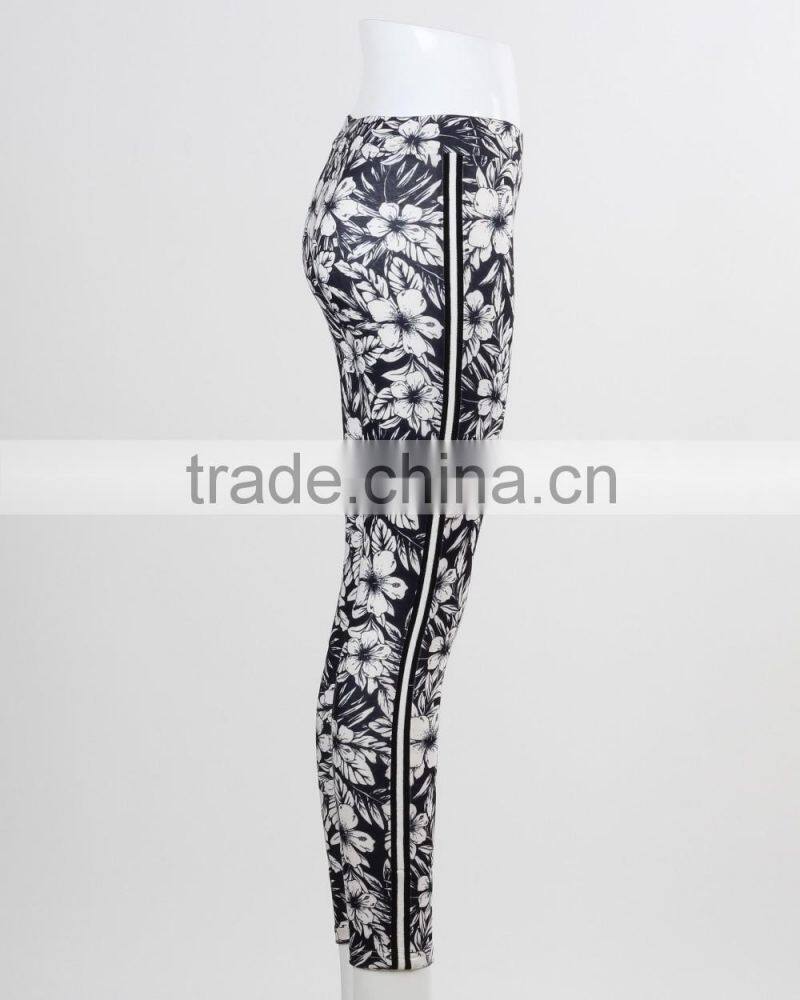 F5W30062 Monochrome Floral Printed Leggings Women Sportwear Pants