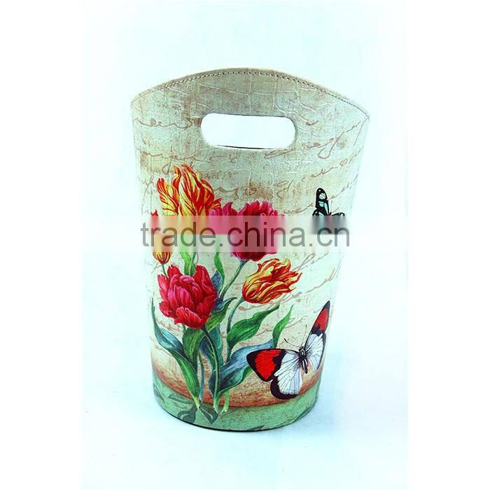 Beautiful Flower Print Waste Bin Faux Leather Trash Container With Handle