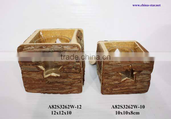 small wood candle holder with glass