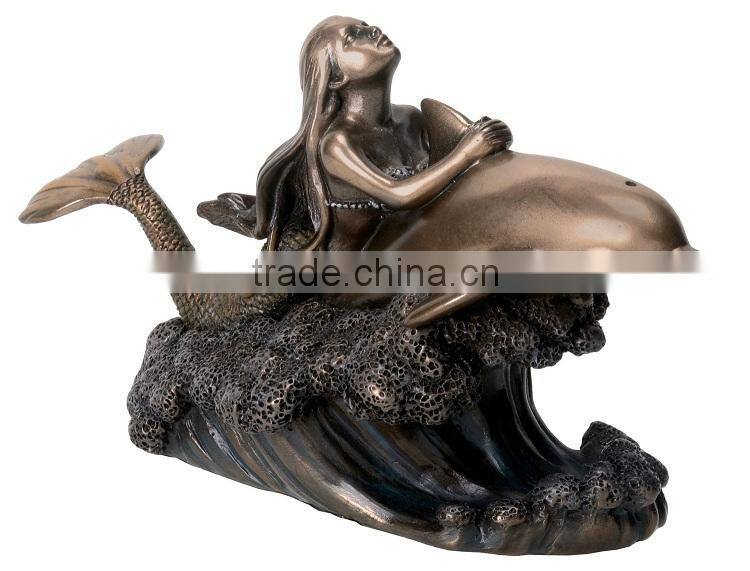 Handicraft decorative life size bronze dolphin statue with mermaid