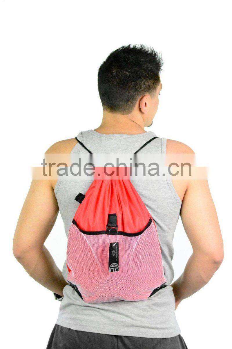 Promotional Custom Designed Mesh Drawstring Backpacks/Wholesale string bags with front mesh pockets