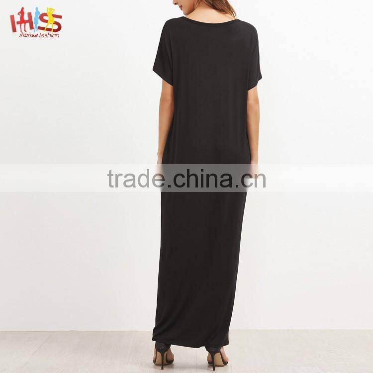 Black Graphic Print Maxi Tee Dress With Side Pocket Fashion Boho Vintage Maxi Long Dress HSd7071