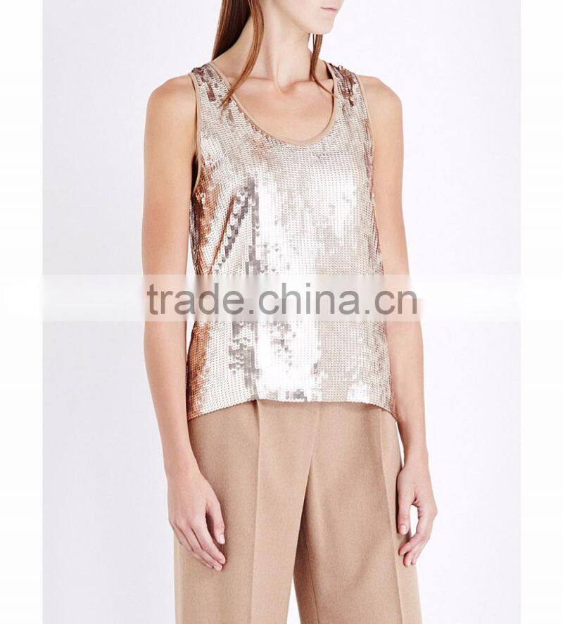 Wholesale Women Scoop Neck Sleeveless Sequin Embellished Relaxed Sequinned Top(DQE0175T)