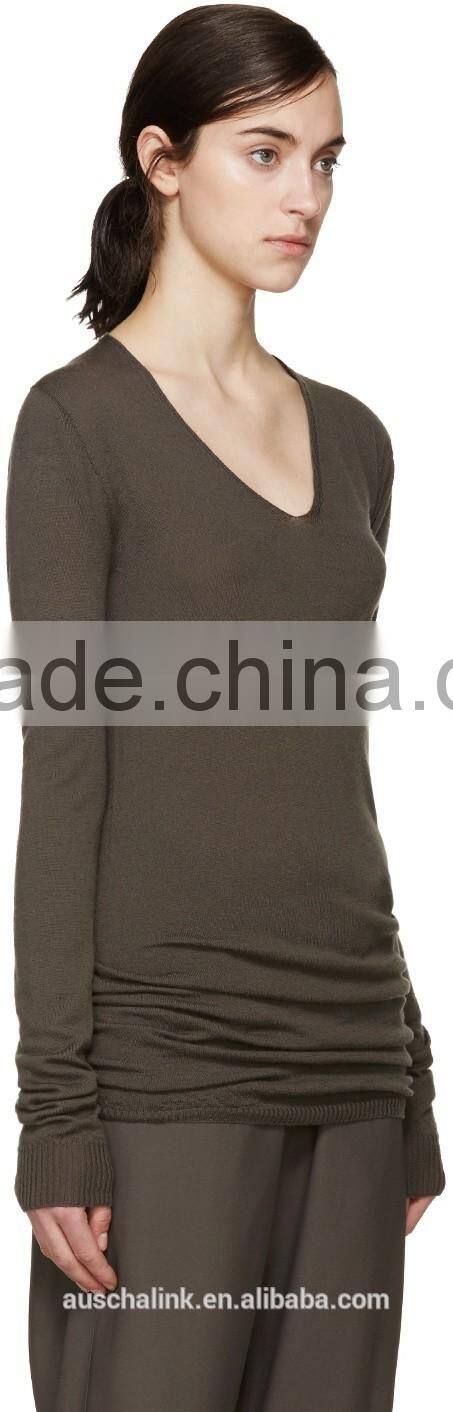 new style grey pure wool long sleeve V neck sweater design for girls